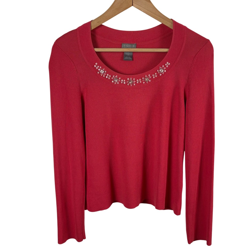 Sigrid Olsen Knit Top Women's S Pink Beaded Rhinestone Long Sleeve Glam Festive